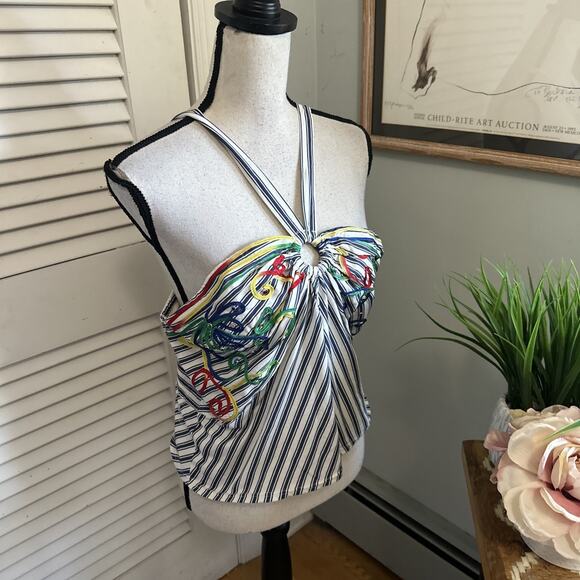 ANTHROPOLOGIE TINY Top Womens Large Avril Embroidered Halter Striped Feminine - Picture 3 of 10